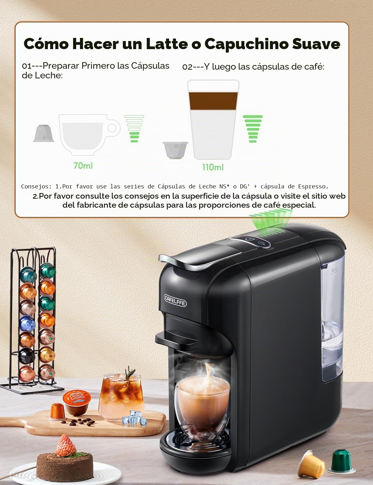 CAFELFFE Cafetera de cápsulas 5 en 1 MK-606 con volumen de café ajustable, preparación en frío/calor, 19 bares, para cápsulas Nes* Original, DG*, Kcup, ESE y café en polvo, 0,6 L, regalo