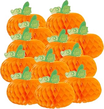 Sucrain 12 Pieces Tissue Paper Pumpkin 3D Honeycomb Pumpkins for Halloween Thanksgiving Party Favor Fall Festival Supplies Orange