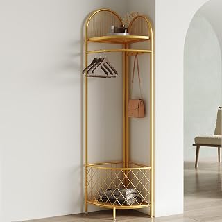 corner coat rack,corner hall tree,metal clothes rack,gold clothing rack with storage basket and hooks,corner garment rack for bedroom,living room,entryway.corner storage rack for clothes.