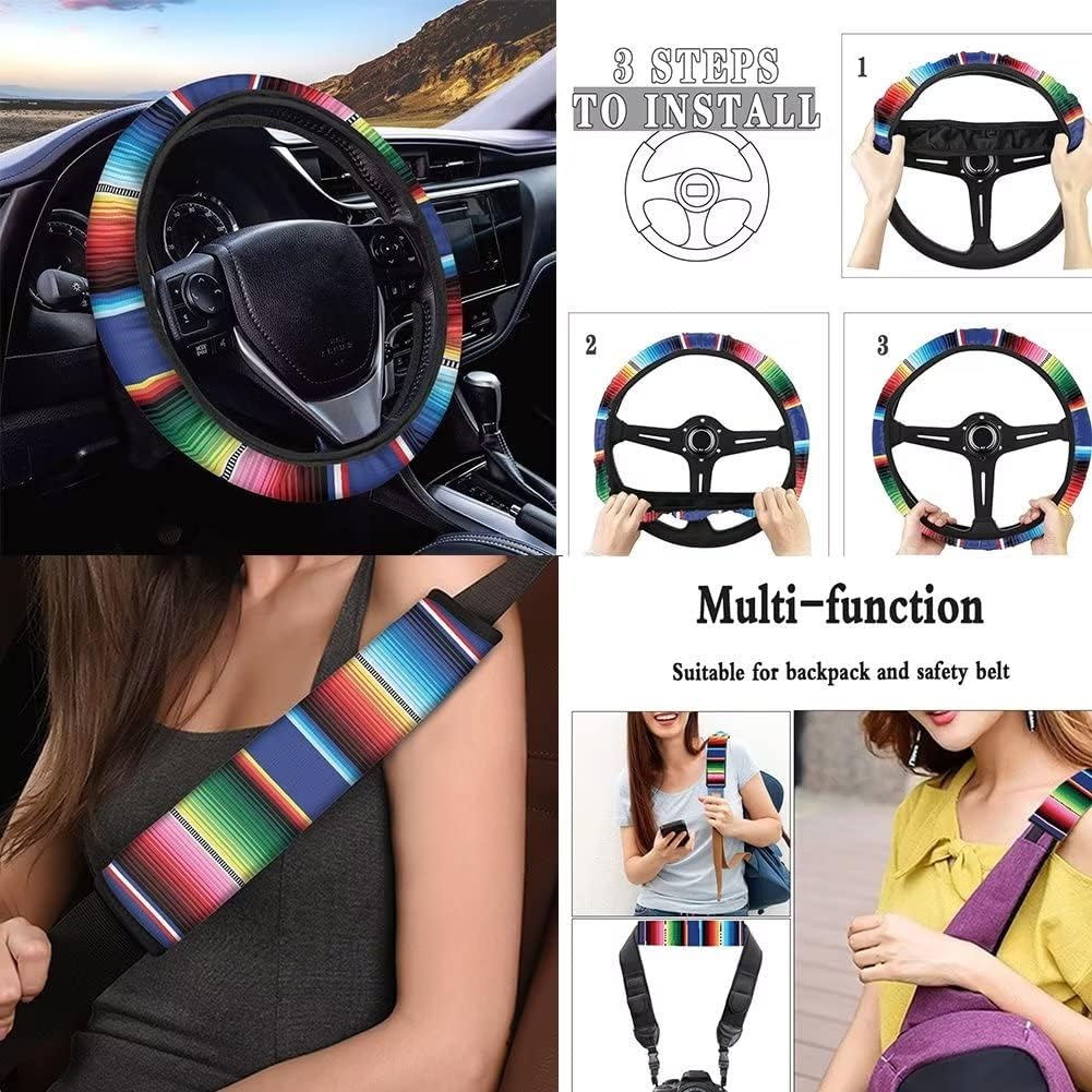 Mexican Blanket Serape Stripe Pattern Colorful 12 Pcs Set Car Accessories Universal Fit Full Seat Cover+Steering Wheel Covers+Keychain+Lipstick Holder+Coaster Auto Interior Protector
