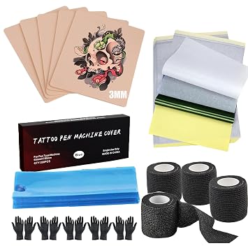 Yuelong 229Pcs Tattoo Skin Practice Kit - Pro Tattoo Starter Kit for Beginners w/ 5 Fake Skins 10 Transfer Papers 200 Pen Covers Grip Tape & Gloves Tattoo Accessories for Artists