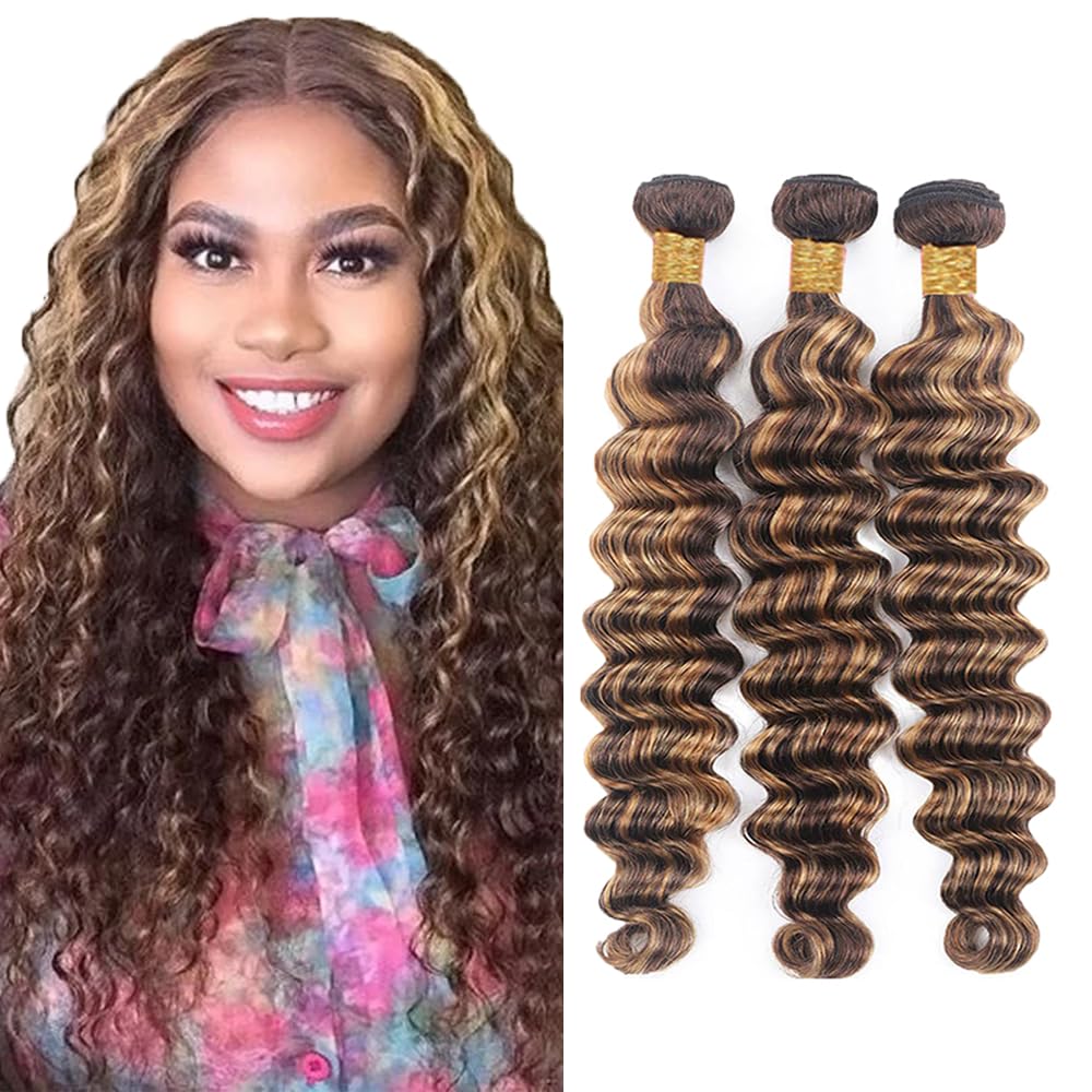 AiPliantfis P4/27 Chocolate Brown Highlighted Blonde Bundles Human Hair Deep Wave Weave 3 Bundles Unprocessed Double Weft Human Hair Extension Total 300g 28 30 32 Inch