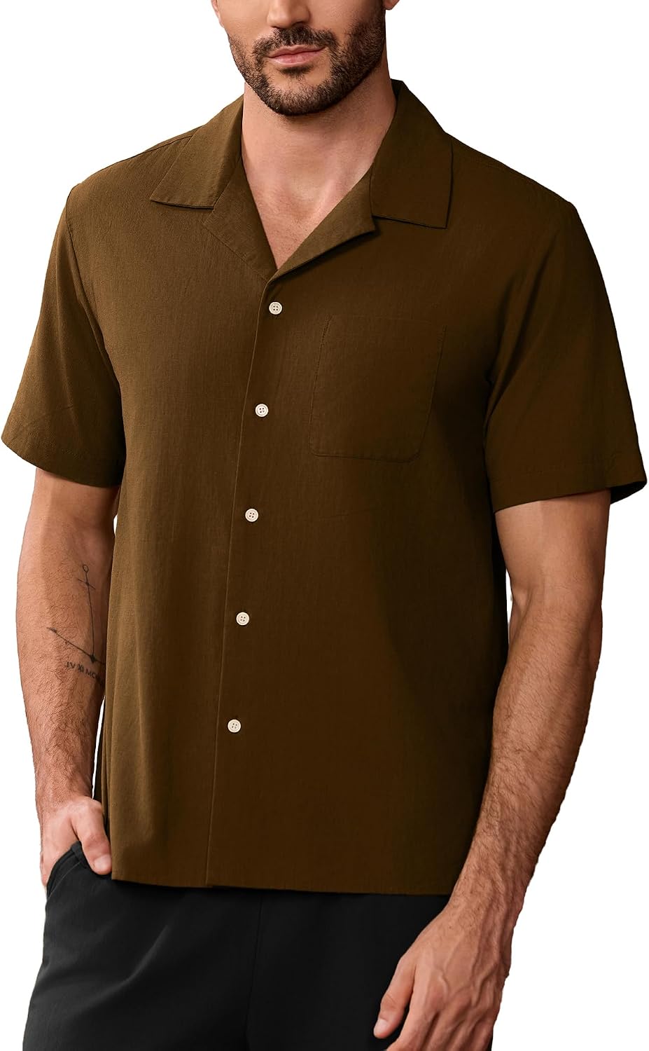 Kallspin Men's Cotton Blend Button Down Shirt Short Sleeve Casual Lightweight Summer Vacation Beach Shirt Cuban Collar