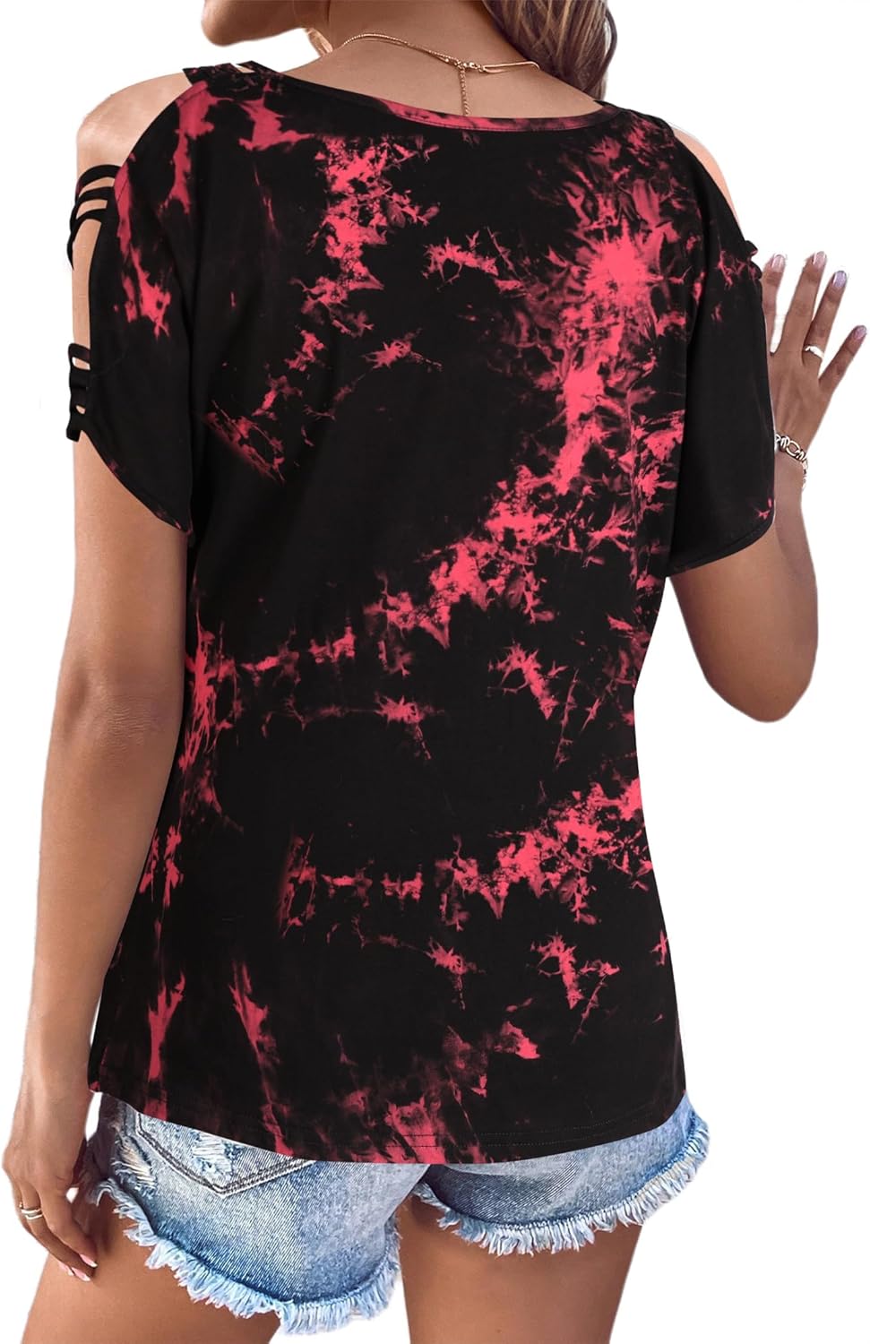 Remidoo Cold Shoulder Tops for Women V Neck Sexy Tops Short Sleeve Tie Dye Shirt Concert Outfits - Image 2