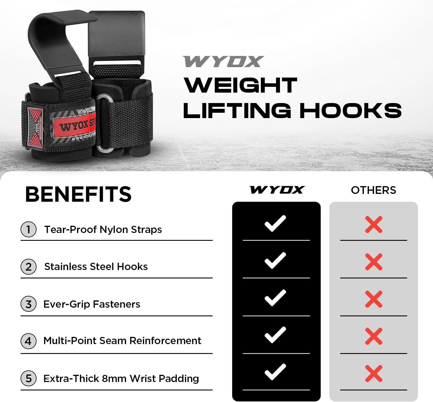 WYOX Weight Lifting Hooks for Deadlift, Pull Ups & Rows – Heavy Duty Wrist Support Grips to Lift Heavier, Reduce Grip Fatigue & Improve Performance – Padded Straps for Men & Women