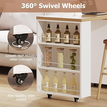 IBF Kücheninsel Freistehend mit Arbeitsplatte Auf 7 Rollen Küchenschrank Küchenwagen Moderne Mobile Kücheninsel Mit 360 Grad Drehbarer Holzplatte und Schublade Für Esszimmer Weiß 184 cm