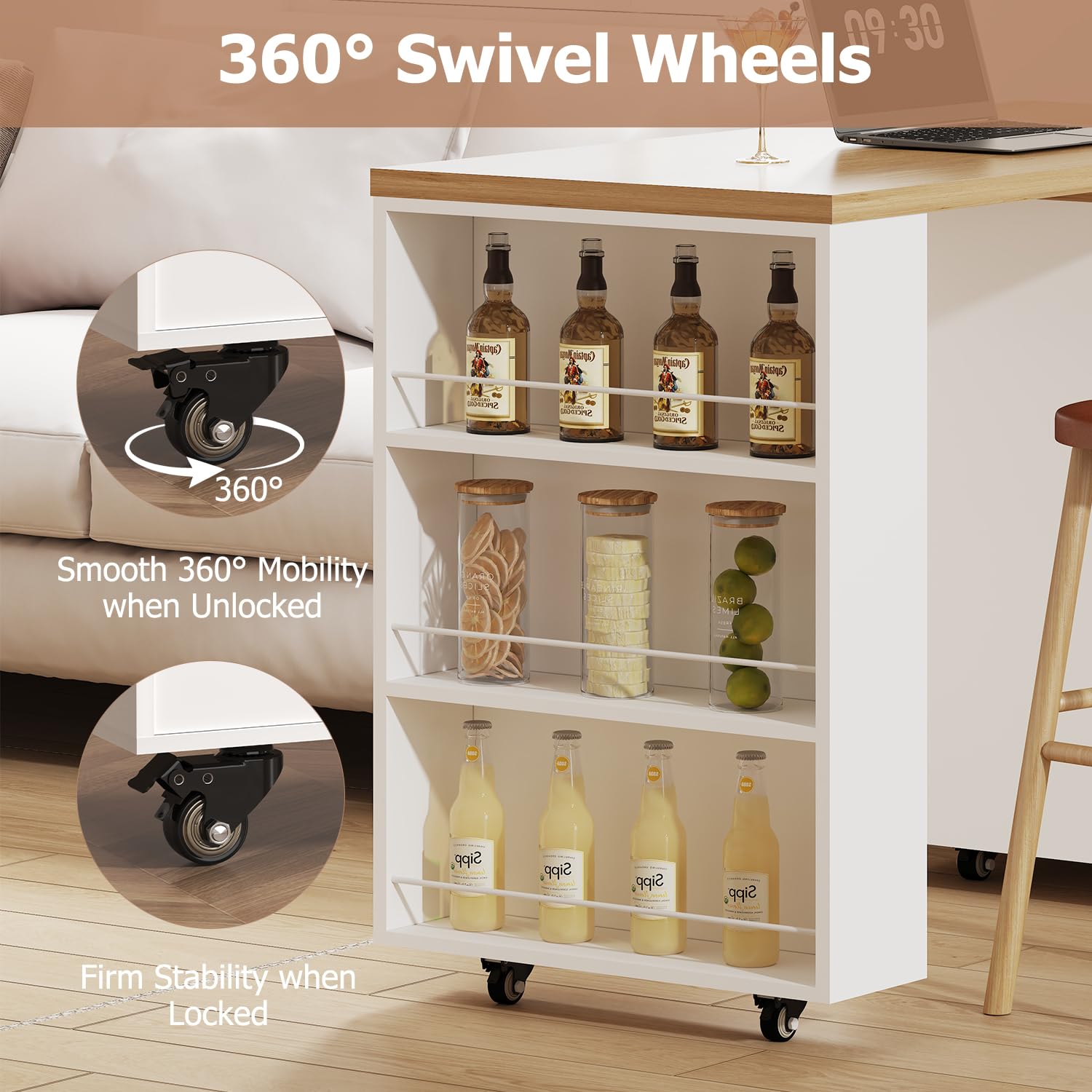 IBF Kücheninsel Freistehend mit Arbeitsplatte Auf 7 Rollen Küchenschrank Küchenwagen Moderne Mobile Kücheninsel Mit 360 Grad Drehbarer Holzplatte und Schublade Für Esszimmer Weiß 184 cm