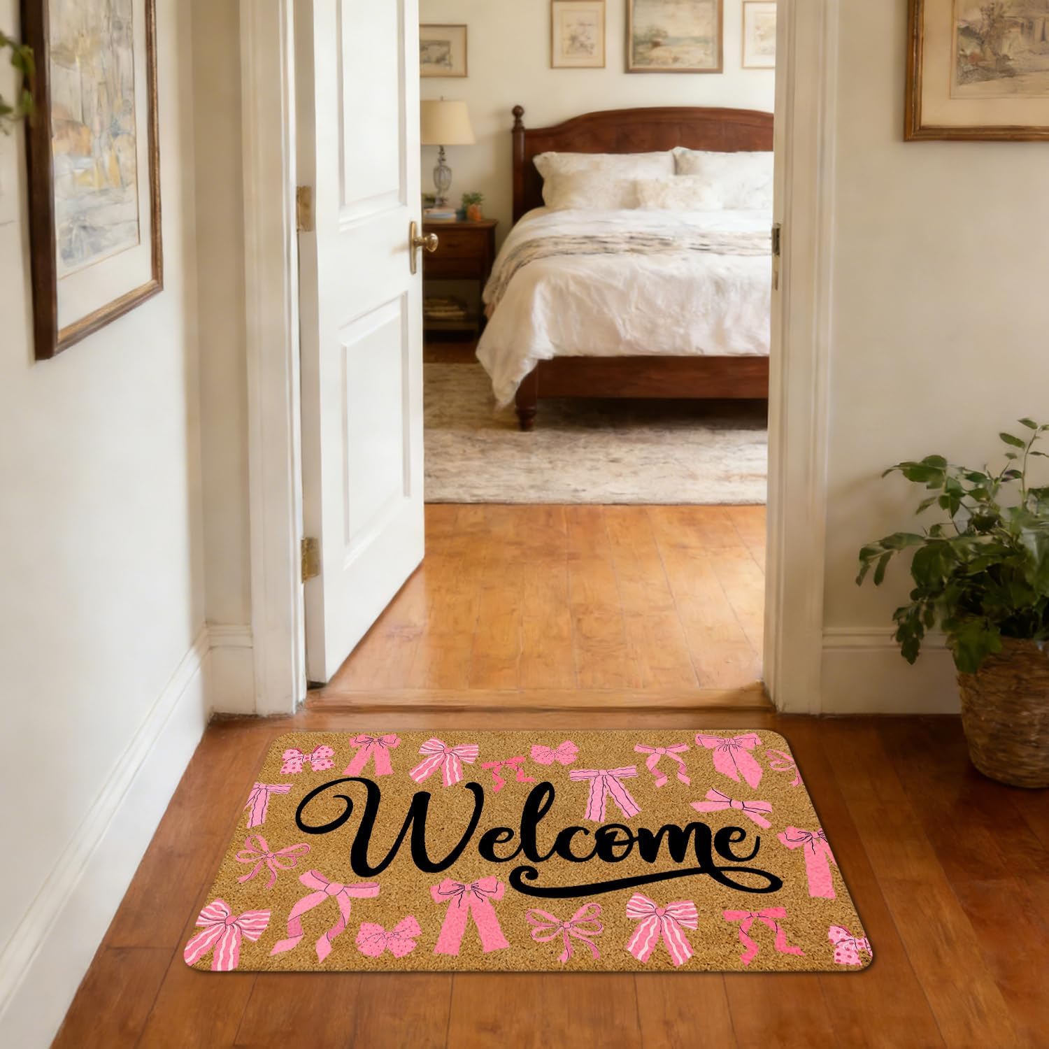 Pink Coquette Bow Welcome Mat, Preppy Girly Pink Faux Coir Door Mat Doormat for Front Door Indoor Outdoor Porch Entrance Entryway Outside Inside, 17x30 Inches image 5