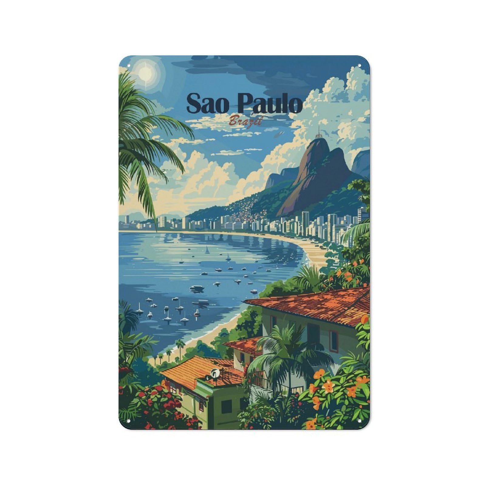 Tin Wall Plaque 30x20cm with Sao Paulo Cityscape for Pub Or Café, with Clear Vintage Wall Decor Character