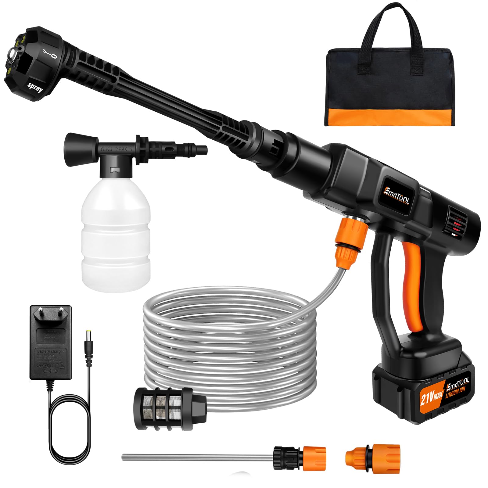 Hidrolimpiadora Eléctrica Hidrolimpiadora sin Cable con Batería 3.0Ah Boquilla 6en1 Manguera 5M Bote de Espuma para Riego de Jardín y Limpieza de Coches