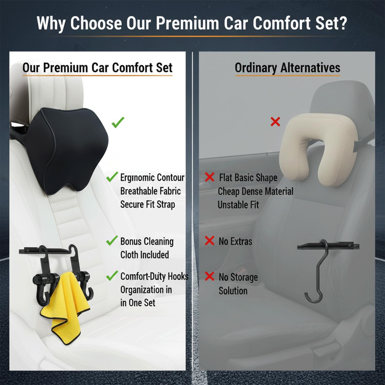 Car Neck Pillow, Car Headrest Pillow for Driving with Adjustable Strap, Ergonomic Neck Support Memory Foam Pillow with Removable Cover, Universal Fit for Car with Hangers & Cleaning Towel