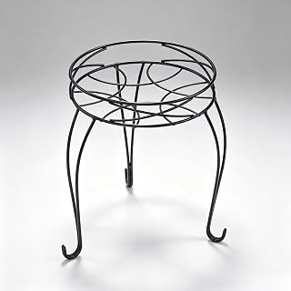13" Round Metal Plant Stand Pot Rack, 1 Tier, Matte Black, Outdoor | Geometric Wire Pattern, 20 lb Max Load, Outdoor Use, Single Tier, Curved Leg Design