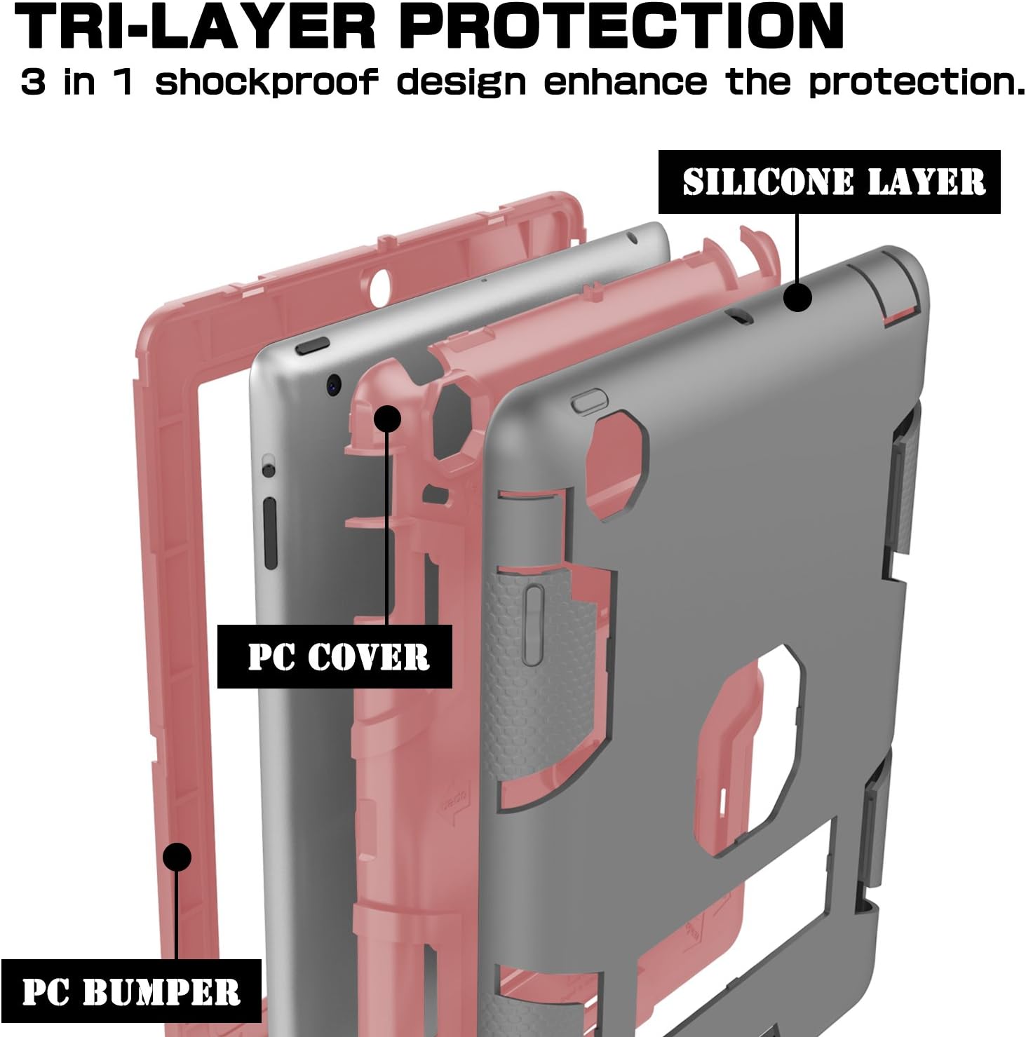 TOPSKY iPad 2 Case,iPad 3 Case,iPad 4 Case,iPad 2/3/4 Kids Proof Case,Heavy Duty Shockproof Rugged Kickstand Protective Cover Case for iPad 2nd/3rd/4th Generation Retina(A1416/A1458) Grey Rose Gold