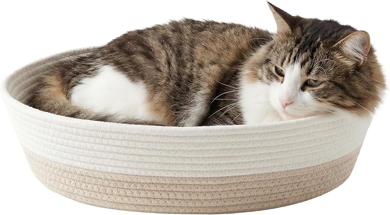 Cama para Gatos em Corda Trançada com Almofada Removível Lavável Kitty City Branca/Bege – 48,3 x 35,6 x 12,7 cm