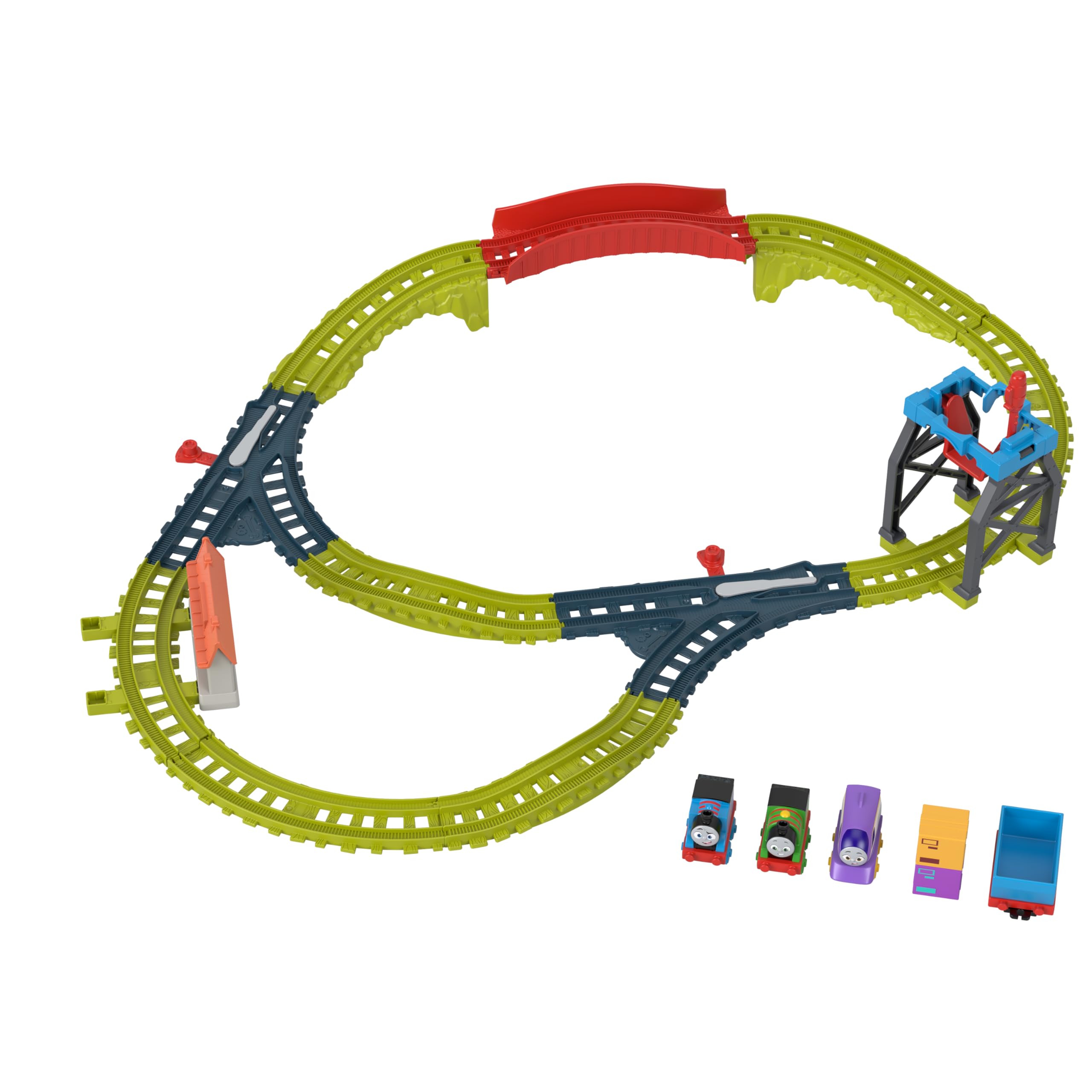 Thomas & Friends - Il Trenino Thomas - Pista Lavoro di Squadra, playset lungo 1,80m con leve degli scambi e di carico/scarico, include 3 locomotive a spinta Thomas, Percy e Kana, 3+ anni, HXV61
