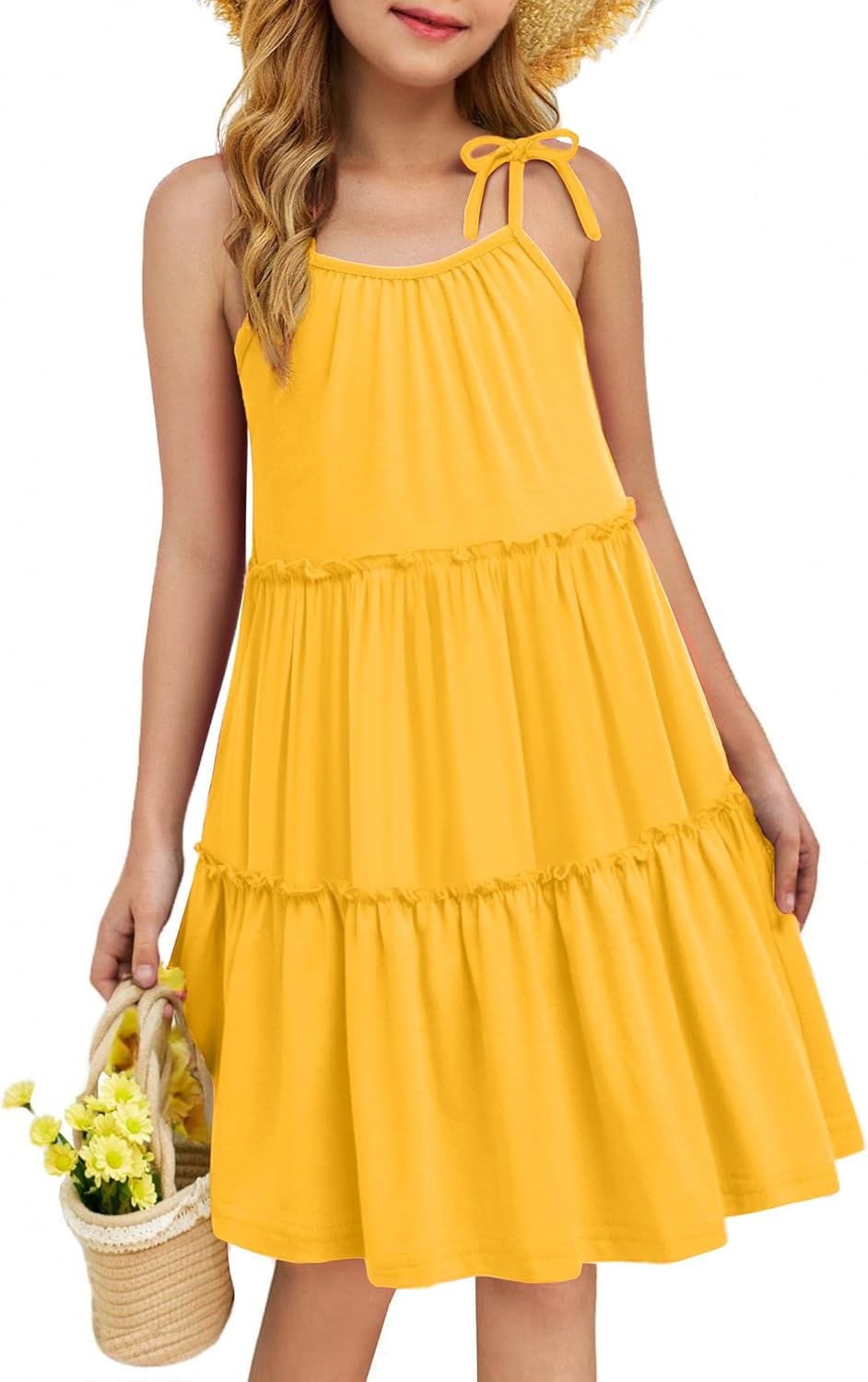 Arshiner Girl Summer Dresses Tween Boho Spaghetti Strap A-Line Swing Flowy Ruffle Tiered Sundress with Pockets