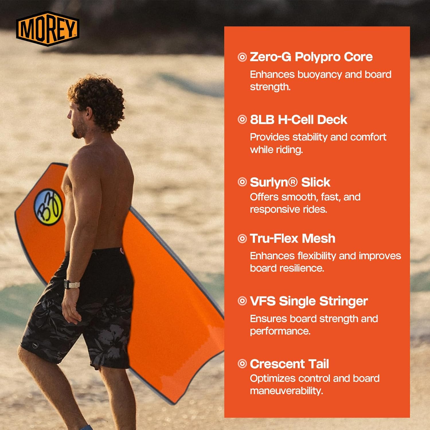 BZ Pro 42" Bodyboard, Crescent Tail Body Board with Zero-G Polypro Core 8LB H-Cell Deck Surlyn Slick Tru-Flex Mesh for Beach Surfing