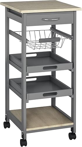 Miniatura 10 de HOMCOM Carrito de cocina móvil, isla de cocina rodante con almacenamiento, marco de madera maciza con cestas de frutas de alambre, bandejas y cajón,