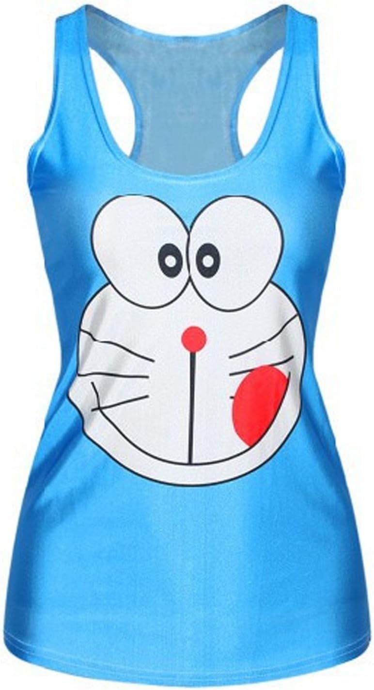 Lady Queen Women's Doraemon Printed Sleeveless Vest Tank Top Tee Shirt One Size Blue