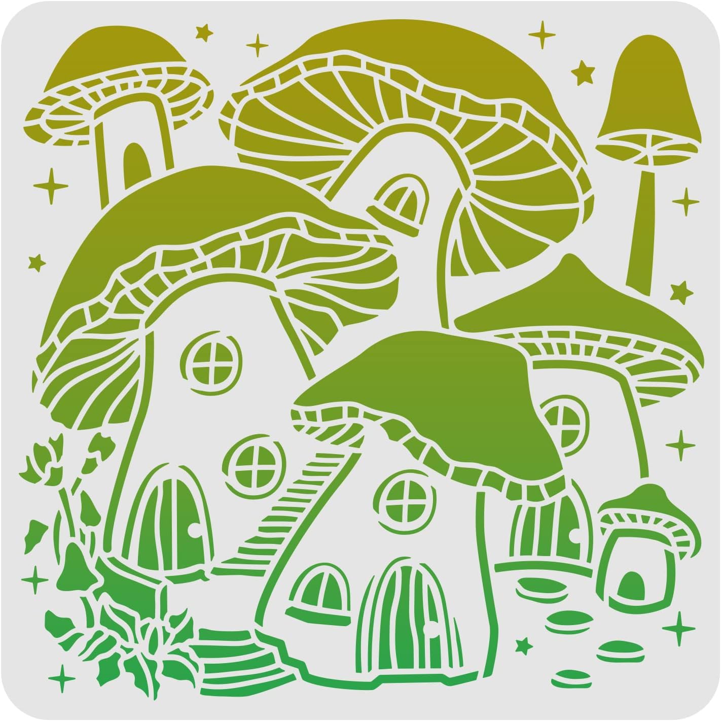 FINGERINSPIREMushroom House Decoration Template, 11.8x11.8inch Reusable Garden Stencils Flower Mushrooms for Painting Wall, Art DIY at Home for Decor Fabric Glass T-Shirt Paper Floor and Wood