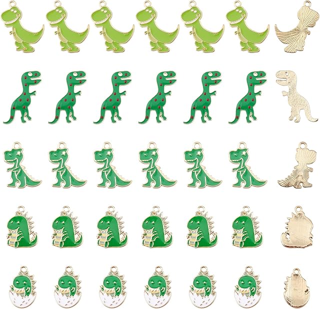 NBEADS 50 Pcs 5 Styles Alloy Enamel Pendants, Green Dinosaur Charms Light Gold Enamel Dangle Pendants for DIY Necklaces Bracelets Jewelry Making