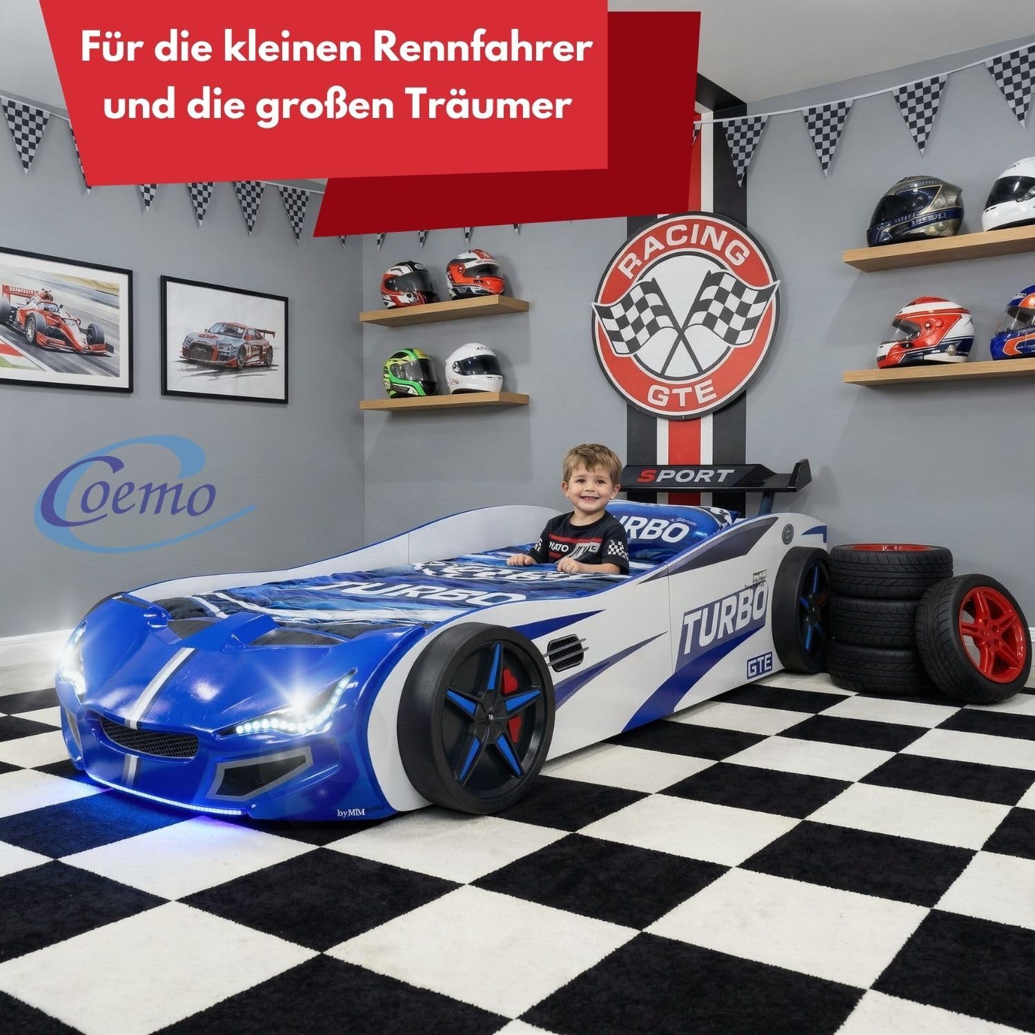Coemo Autobett GTE Kinderbett 90x200 Rennwagenbett inkl. Rollrost, Sound Hupe Motor, LED-Leuchte Bett Farbe Blau Sportwagen-Design Spoiler