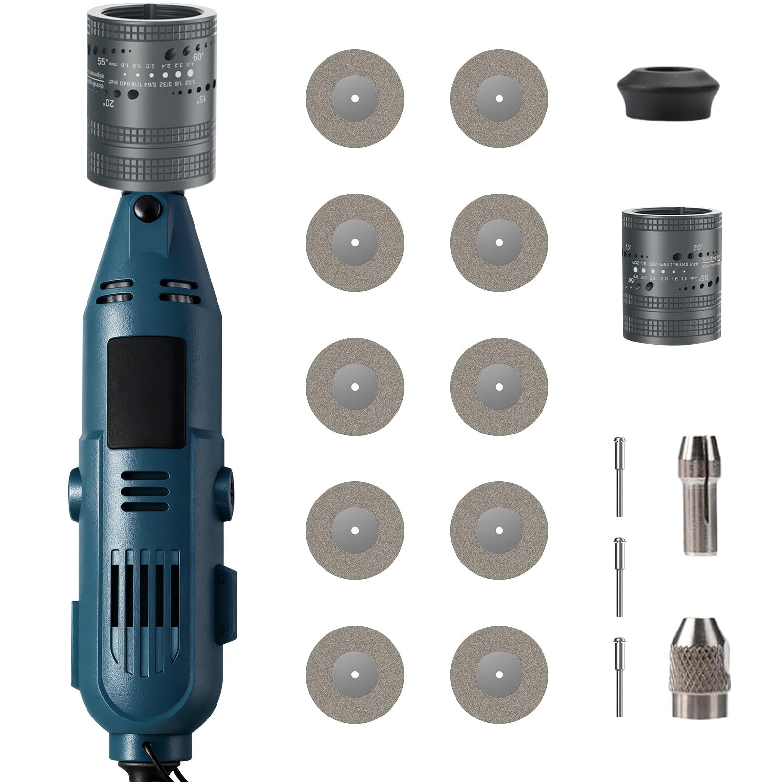 Ponceuse à électrodes 260 W pour soudage TIG - Kit d'affûtage à électrodes en tungstène pour soudage - 6 tailles - 8 angles - Meuleuse TIG avec bloc de ponçage plat - 10 roues diamantées - 3 mandrins