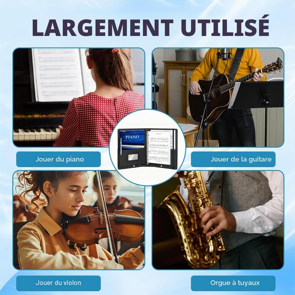 Classeur à partitions A4 noir de luxe en cuir synthétique avec sangle, classeur musical avec poche intérieure et coins de protection, porte-partitions DIN A4, classeur de présentation, capacité 200