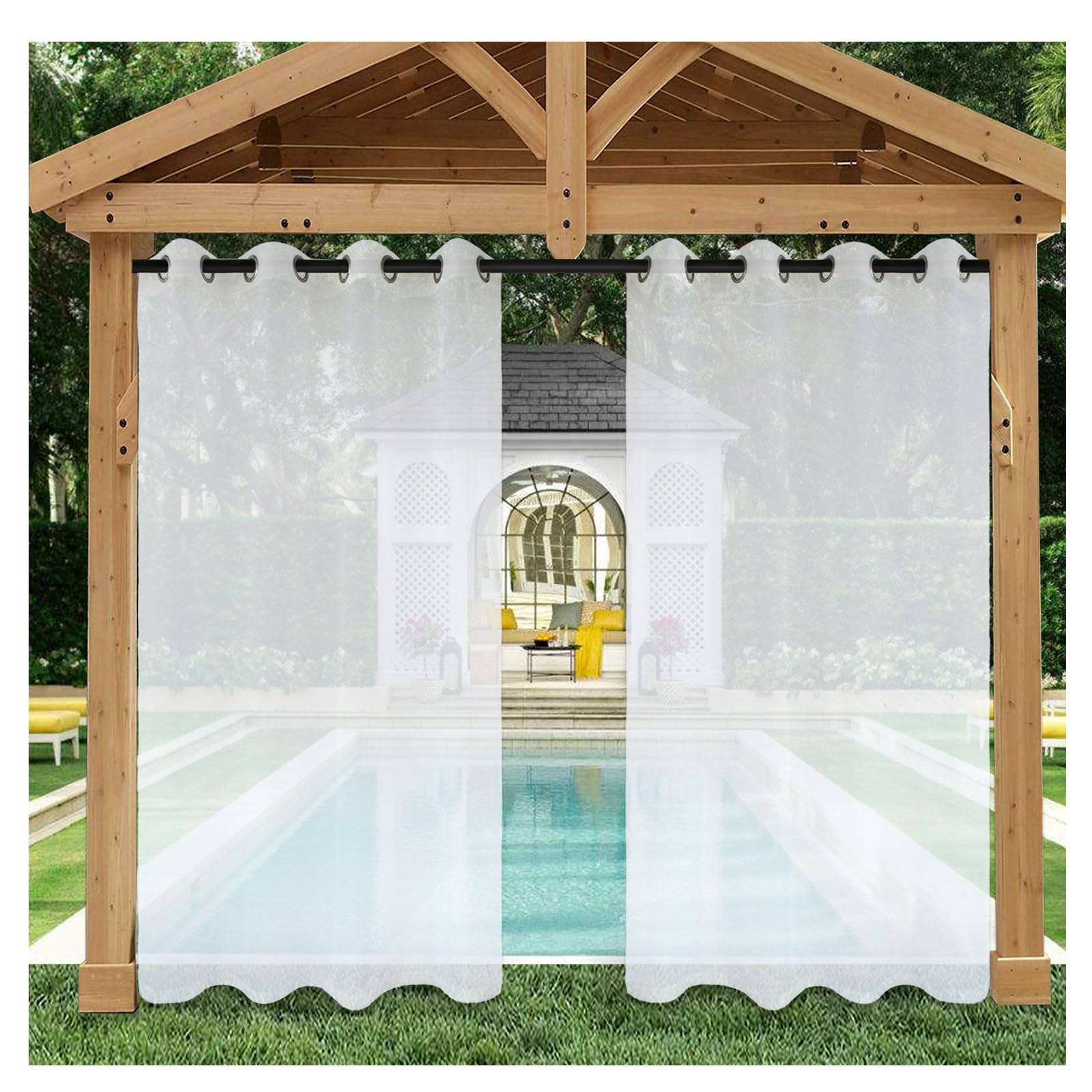 Blanc Rideau D'extérieur Transparent Imperméables Rideaux Semi Transparents L500xH120cm Rideaux de fenêtre Rideau avec œillet Supérieur en Acier Inoxydable pourJardin Patio pergola Cabana 2 PCS