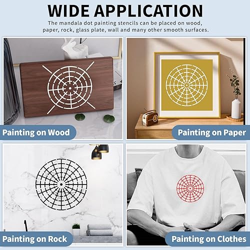 Miniatura 7 de Juego de 15 plantillas de herramientas de pintura de puntos de mandala, segmento 8/12/16 de 3/4/5/6/8 pulgadas, plantilla de mandala reutilizable