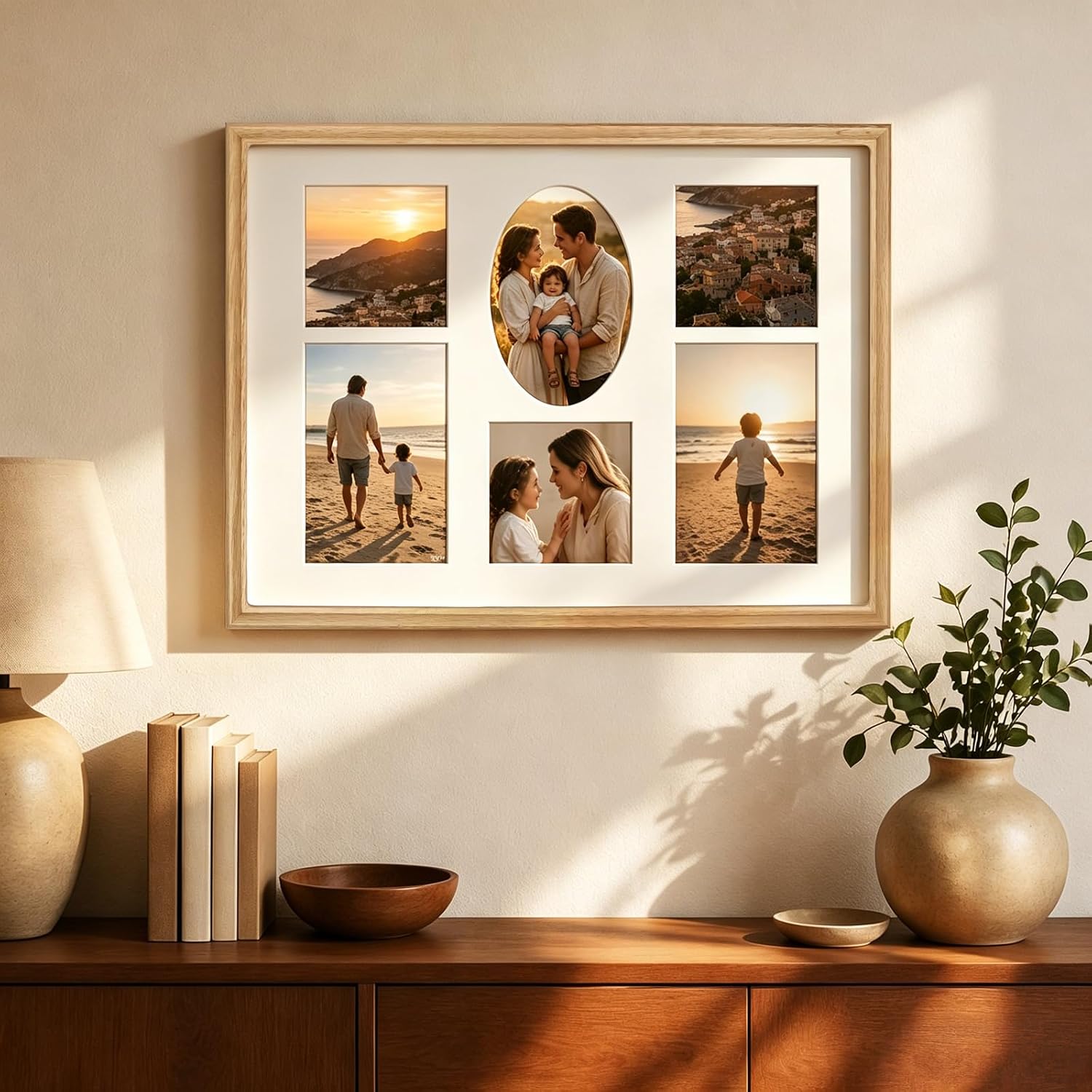 12x16 Collage Picture Frame, Premium Solid Oak Frame with Tempered Glass, Holds 3Pcs 4x6 & 3Pcs 4x4 Photos, Handcrafted Rounded Corner, Horizontal & Vertical Wall Mount OAK 12×16 6openings
