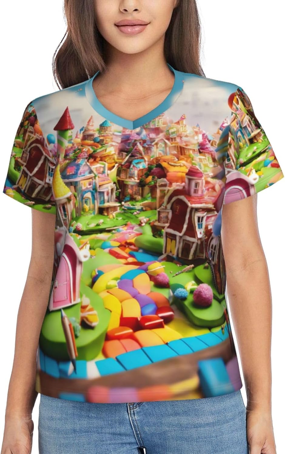 Women Casual Candy Land Print V-Neck T-Shirt Short Sleeve Summer Trendy Tops.