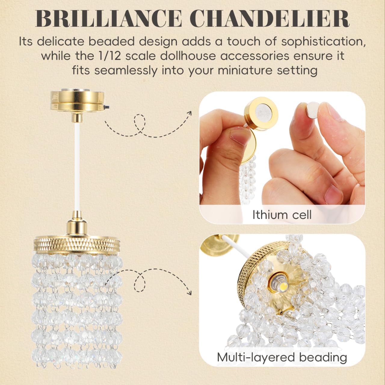 TOYANDONA Dollhouse Chandelier - 1/12 Scale Hanging Beaded Chandelier Doll House Ceiling Lights Lamp Miniature Dollhouse Lights Led Battery Operated for Doll House Decoration Accessories