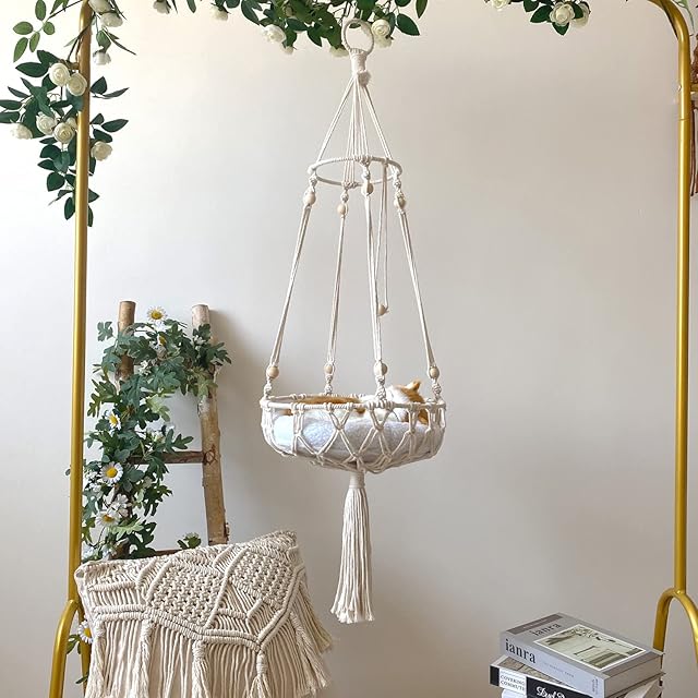 Macrame Hanging Cat Hammock Indoor Cotton Rope Tassel Cat Basket Bed Round Cat Swing Bed Nest for Sleeping, Playing, Climbing, and Lounging