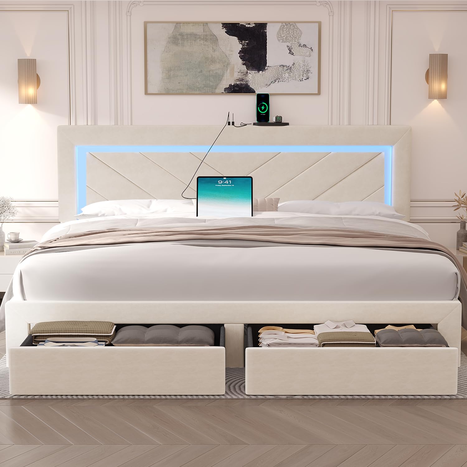 Fastroby King Size Bed Frame with Adjustable Headboard and 2 Storage Drawers, Upholstered Bed Frame King with RGB LED Light and Charging Station, Easy