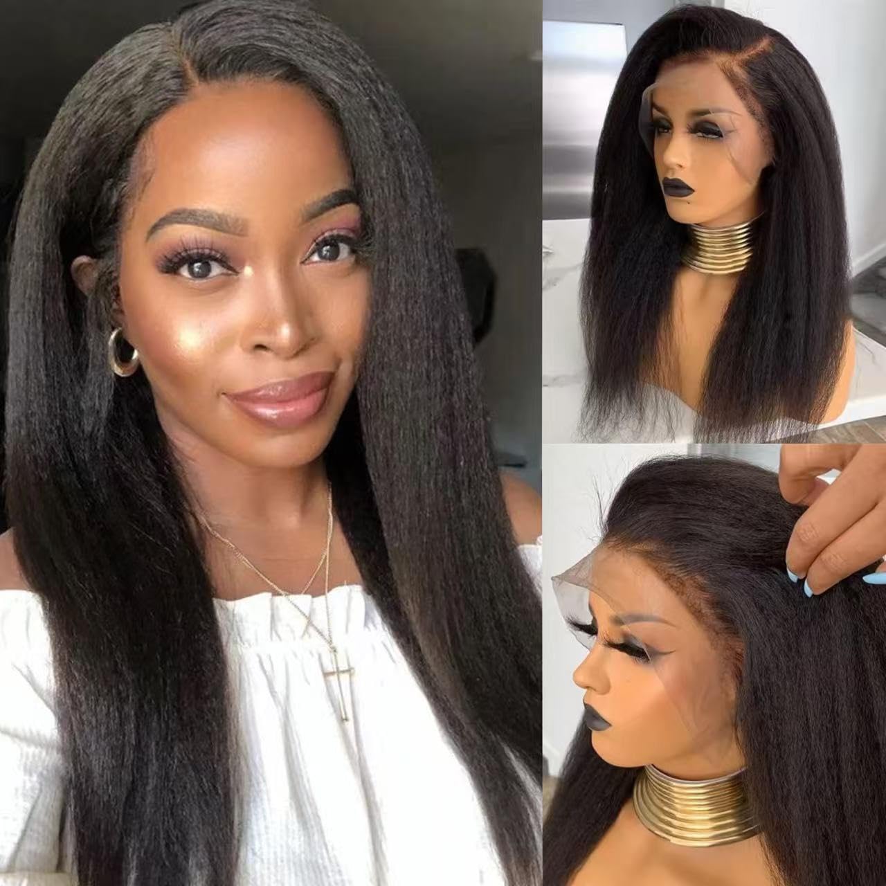 Kinky Straight Human Hair Wigs HD 13x6 Deep Part Lace Front Wig 4C Edges Brazilian Remy Human Hair 200% Density Pre Plucked With Curly Baby Hair Afro Yaki Straight Human Hair Wig For Women 22Inch