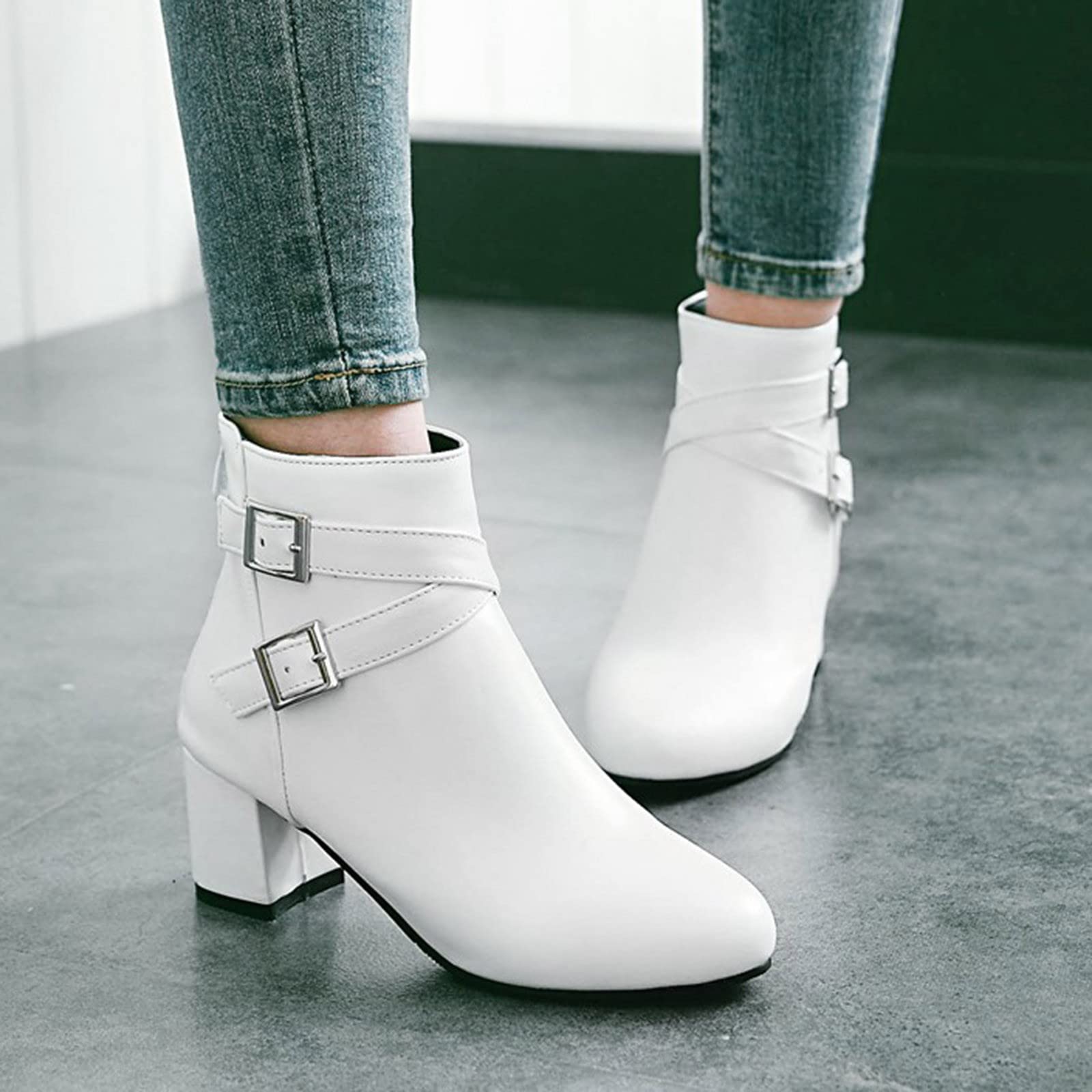Generisch Winter Damen Ankle Boots mit Dicker Ferse Gürtelschnalle mittlerem Absatz seitlichem Reißverschluss für kalte Tage