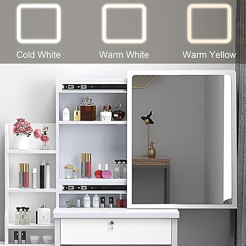 Miniatura 5 de Escritorio de tocador con luces LED, tocador de maquillaje con espejo, tocador con 4 cajones y estantes de almacenamiento, mesa de maquillaje para