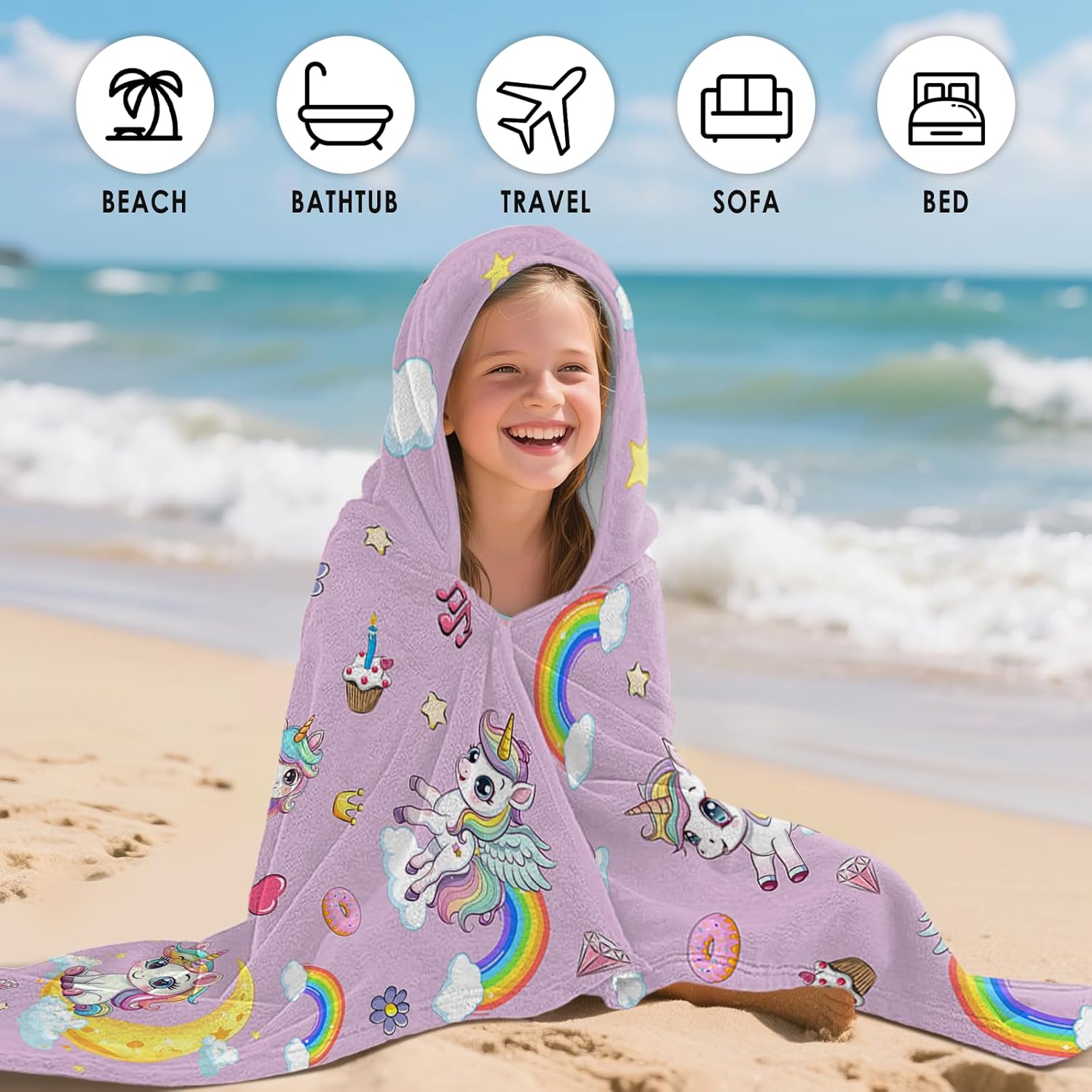 Unicorn Hooded Beach Towel for Kids, Pink Rainbow Hooded Towels for Toddlers 30" x 50", Kids Beach Towels for Pool, Travel, Swim, Unicorn Wearable Bath Towel for Girls, Toddlers - Image 6