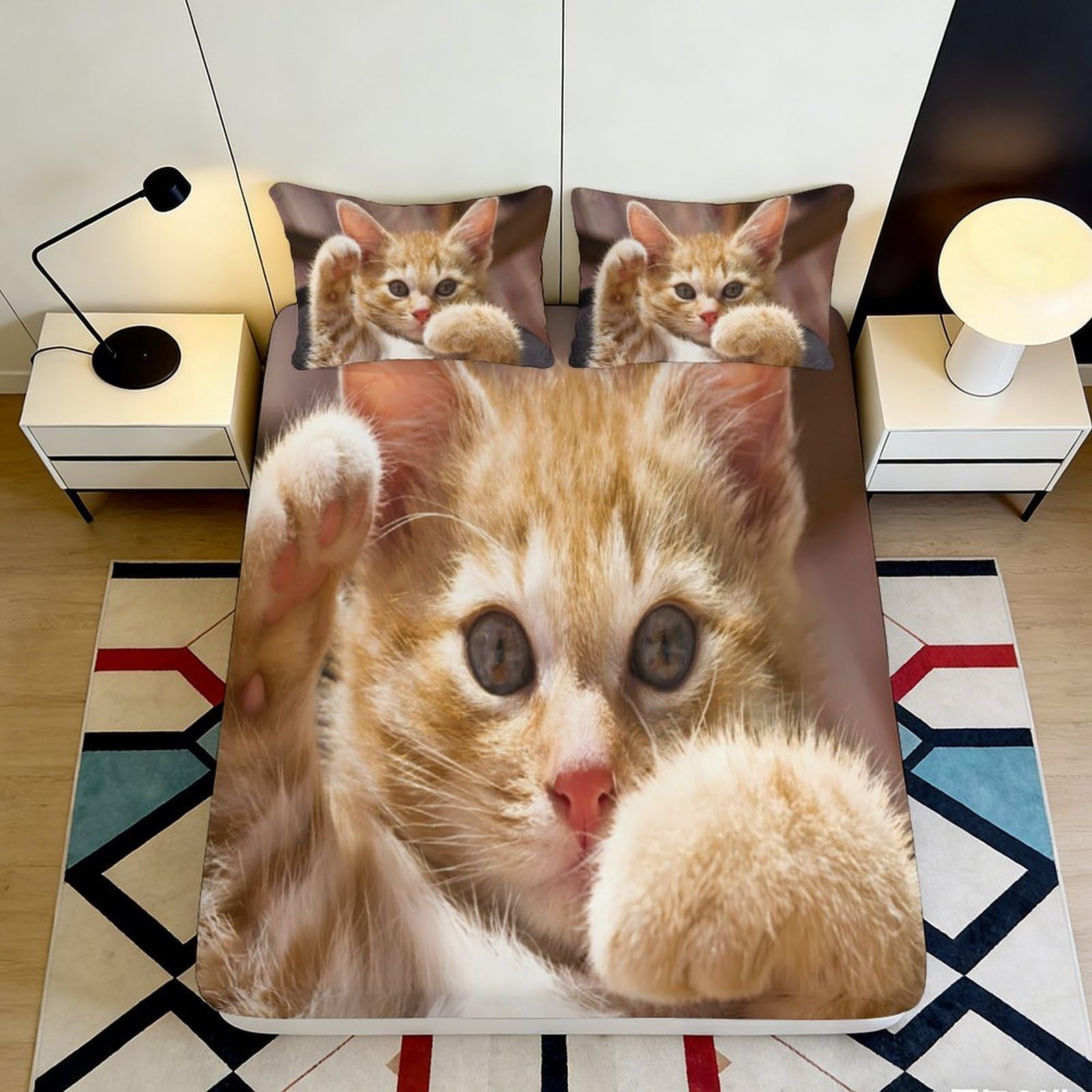 3D Printed Cute Cat Fitted Sheet Microfiber Soft Breathable Playful Kitten Bed Cover for Bedroom Dormitory Guest Room Mattress Protection Decor 180x200x25cm
