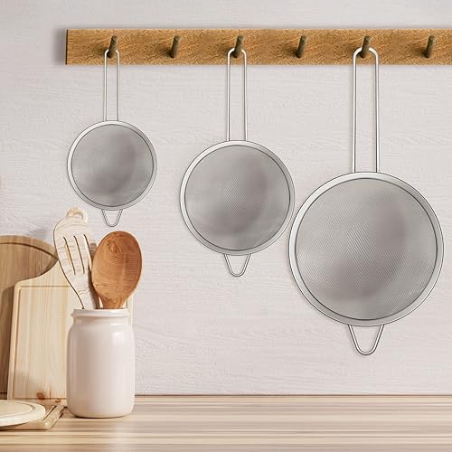 Miniatura 6 de NUOMI Juego de 3 cucharas de malla fina de acero inoxidable colador de tamiz de acero inoxidable, colador multifuncional para alimentos con mango