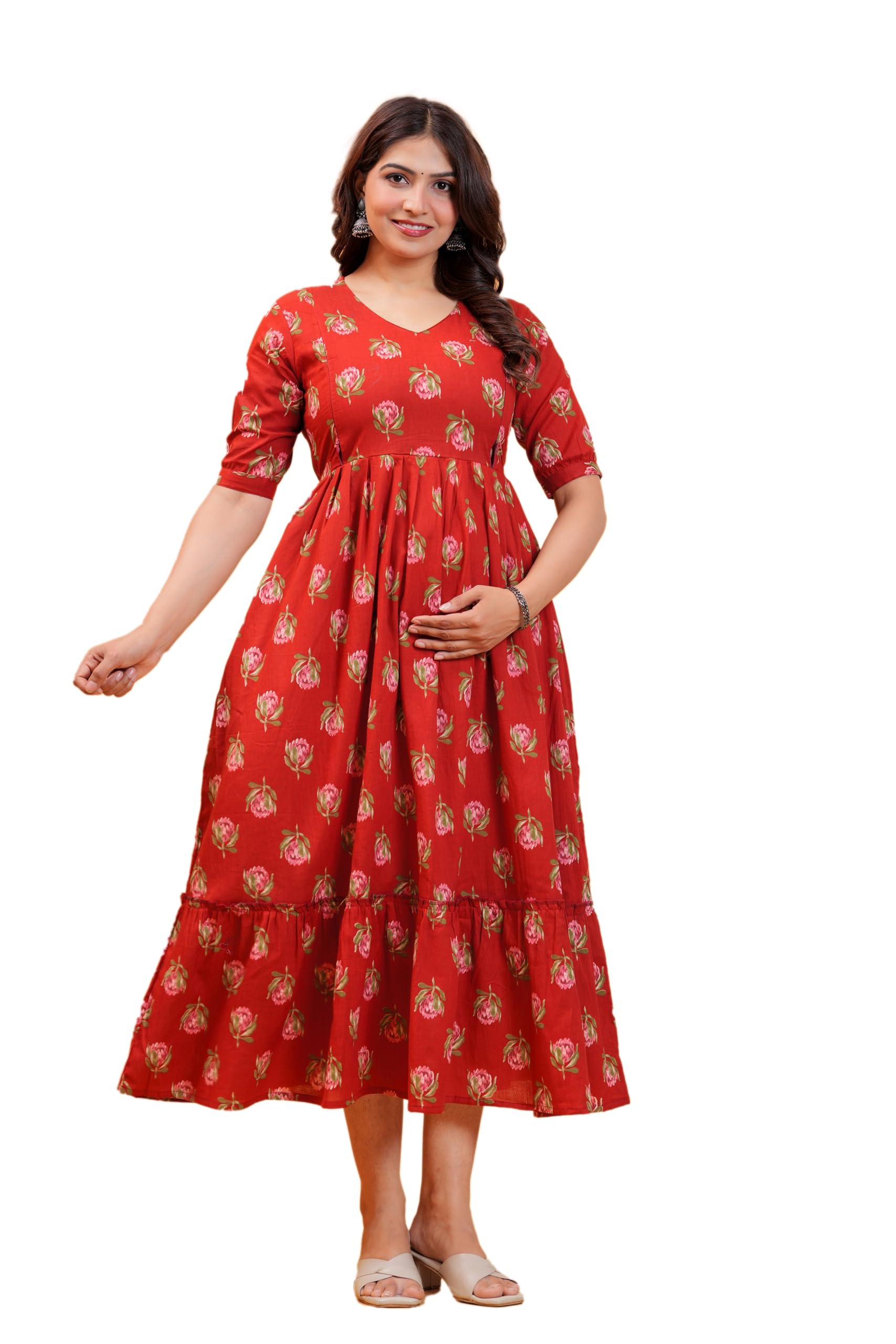nevisha style Women Cotton Anarkali Floral Printed Maternity Kurta Feeding Comfortable Kurta Zipper & Dress for Pregnant Women's Printed Feeding Dress for Women's.L Red-picture-19