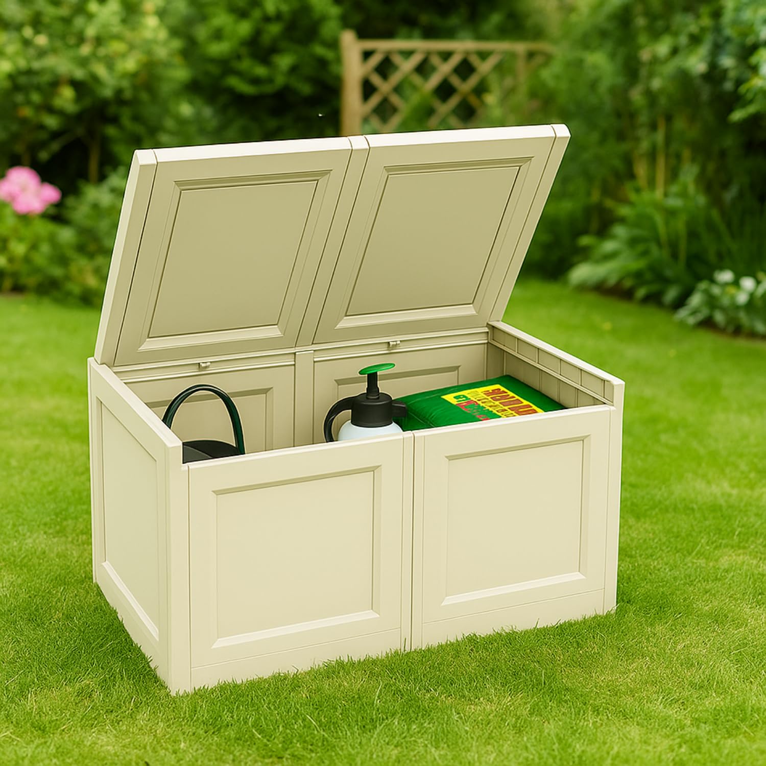 PALUPLUS Baule in Plastica a 2 Moduli con Quadrati, Misura 86x40x42 cm, Cassapanca Effetto Legno, Mobile Contenitore da Interno ed Esterno, Made in Italy, Portata 30 Kg -501C -8,7 (Angora)