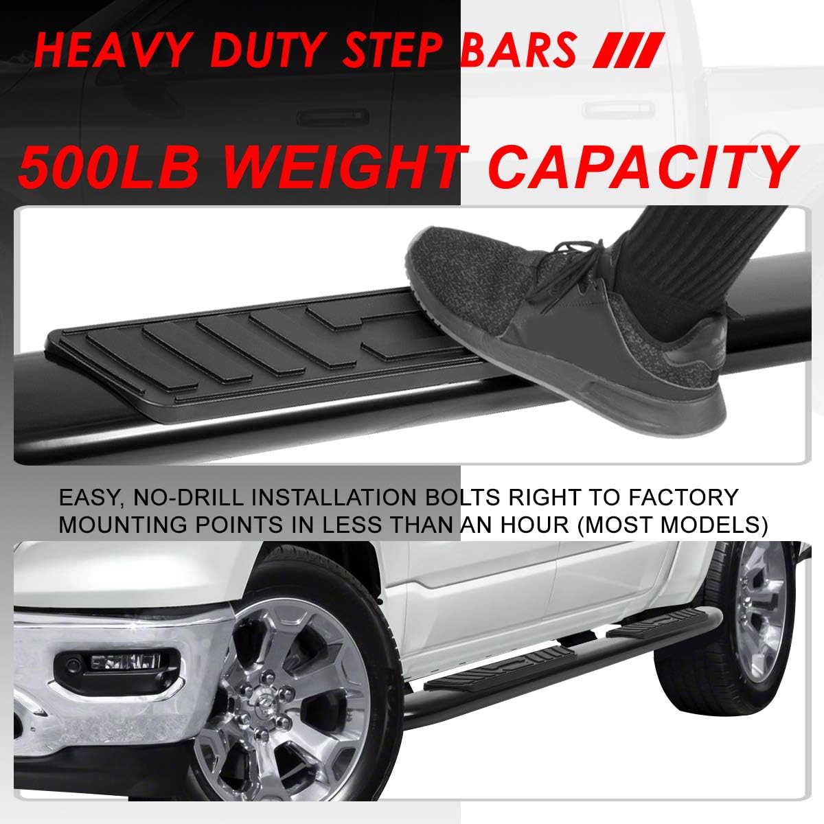 Auto Dynasty 5 Inches Curved Side Step Nerf Bar Running Boards Compatible with Ram 1500 Quad (Extended) Cab 19-20, Stainless Steel, Black Powdercoated