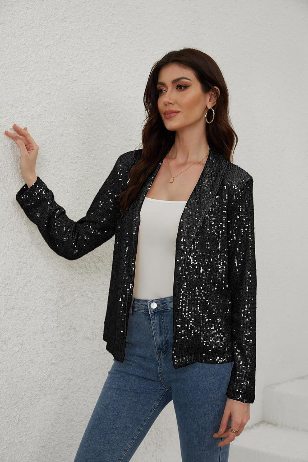 utcoco Women Sequin Blazer Casual Long Sleeve Open Front Sparkle Blazer Jacket (X-Large, Black)