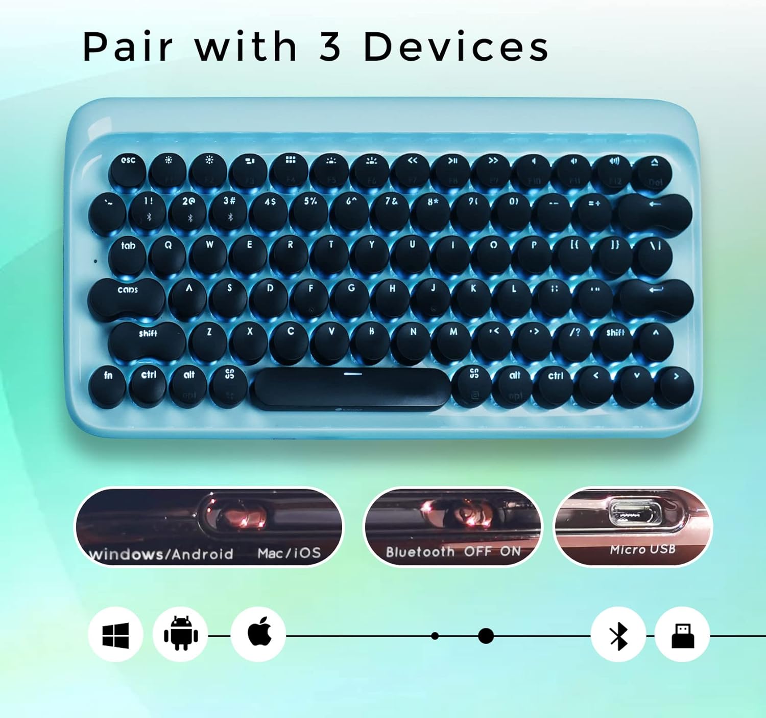 LOFREE keyboard showing pairing with 3 devices and Bluetooth switch