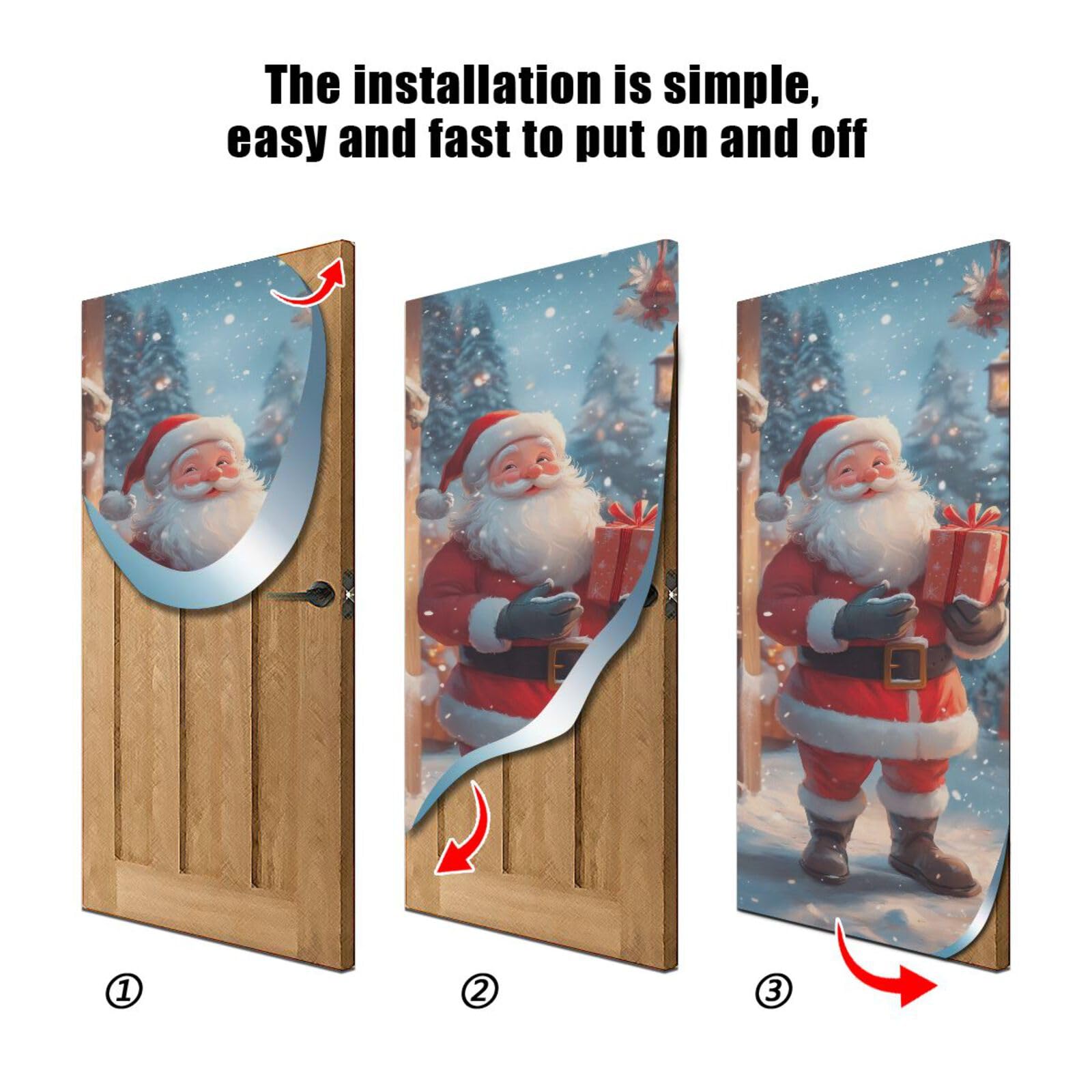 FLildon Santa Claus Snowy Christmas Door Cover Decoration, Party Accessory Porch Decor for Festive Ornament Room Door Covers 32 x 79 Inch