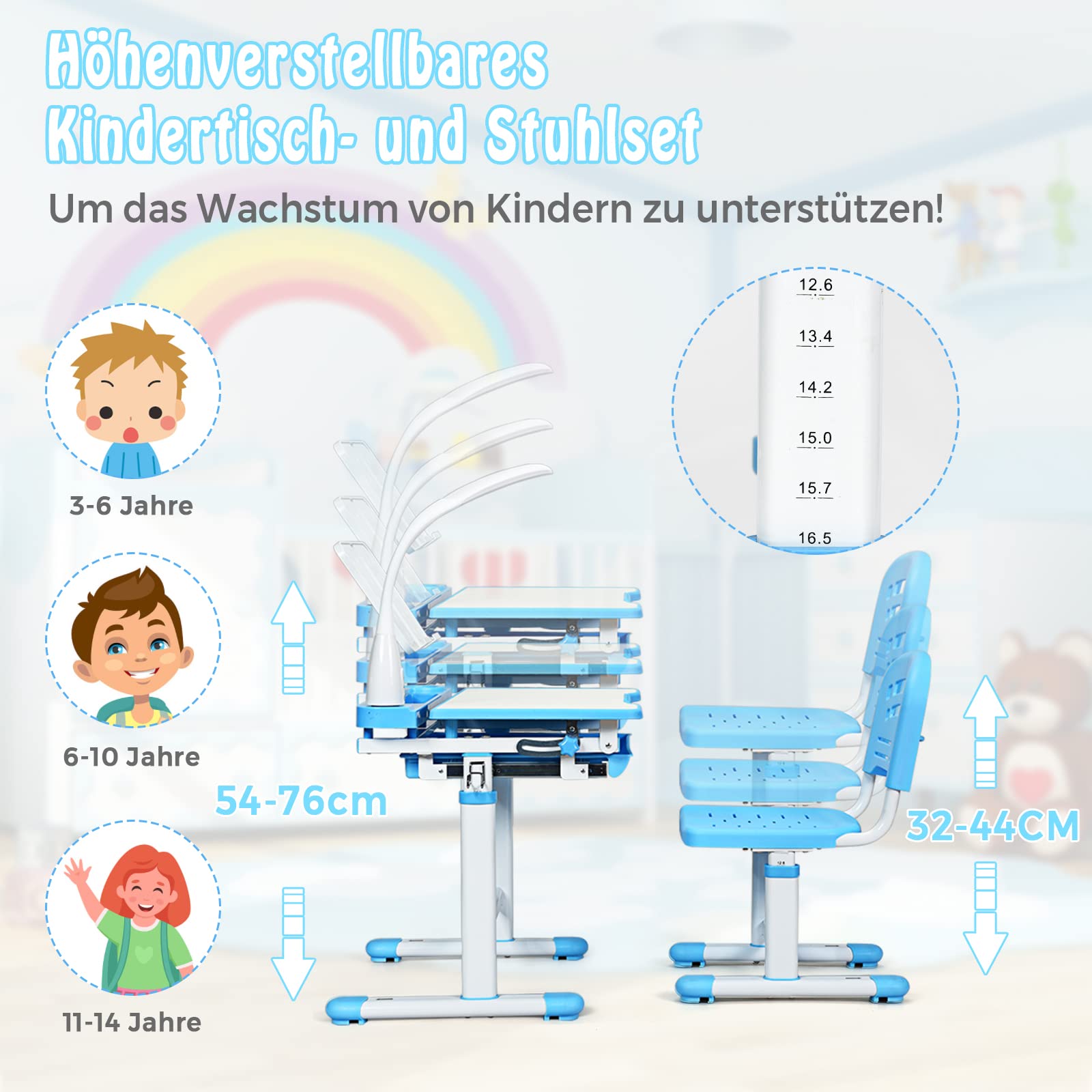 DREAMADE höhenverstellbarer Kinderschreibtisch mit Lampe & Bücherständer, Schülerschreibtisch Jugendschreibtisch neigungsverstellbar, Schreibtisch Set für Kinder mit Stuhl und Schublade (Blau)