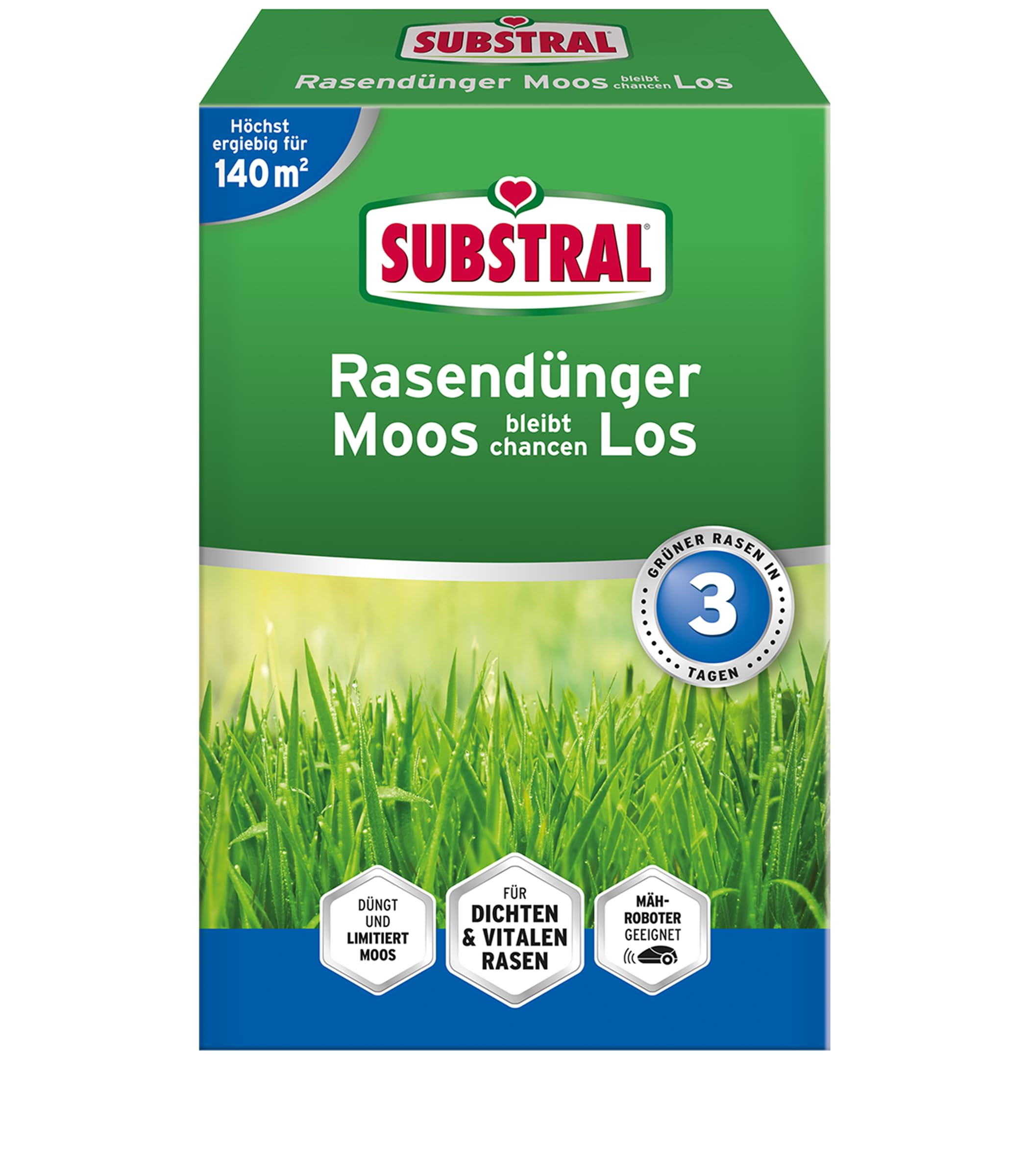 Substral Moos - Fertilizzante per prato, 4,2 kg, 140 m², chiusura rapida, con ferro extra per prato verde intenso e denso
