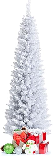 Miniatura 8 de OFFICEJOY Árbol de Navidad de lápiz blanco de 6 pies, árbol de Navidad artificial con agujas de PVC de alta calidad, pino con soporte de metal